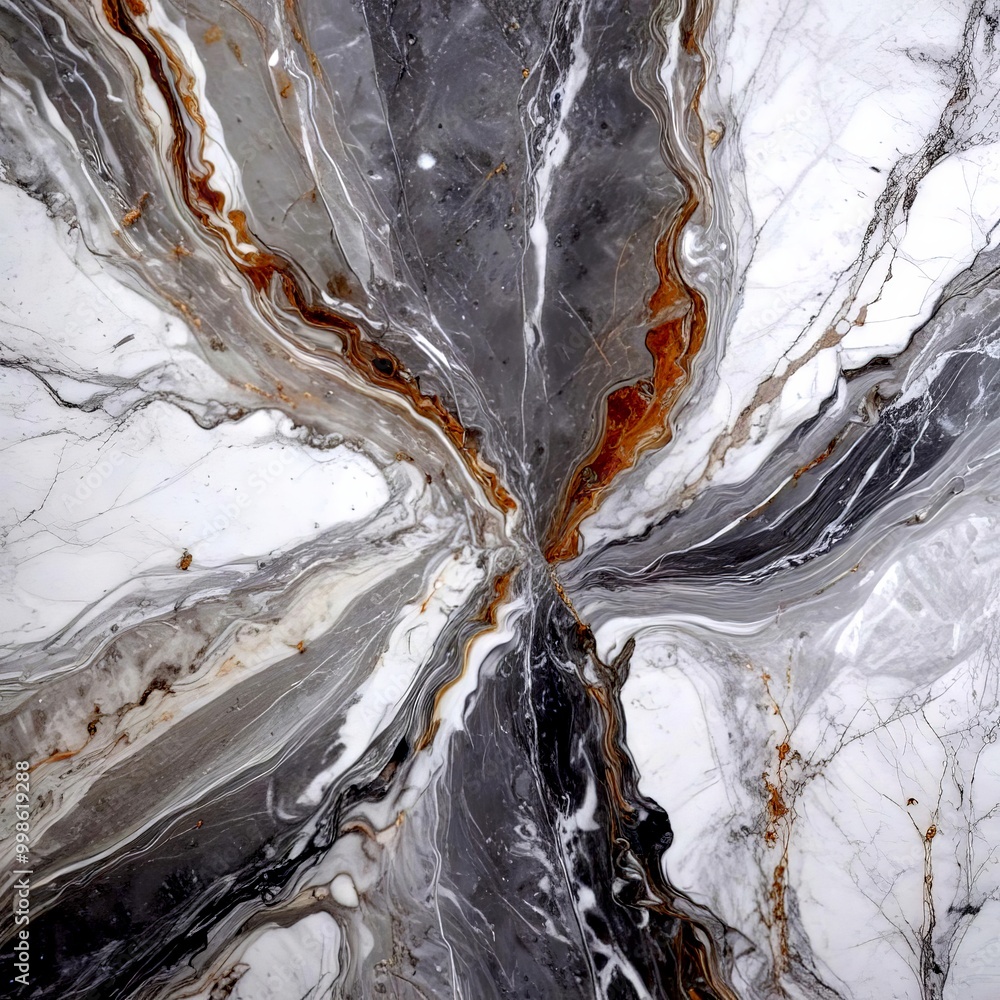 Poster a close-up view marble surface with a striking pattern of swirling lines and swirls in shades of gray, white, and brown
