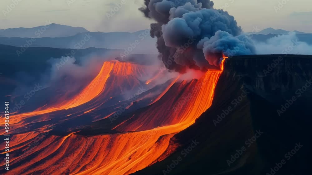 Aufkleber molten lava flows down a volcano during an eruption, creating a scene of both beauty and destruction