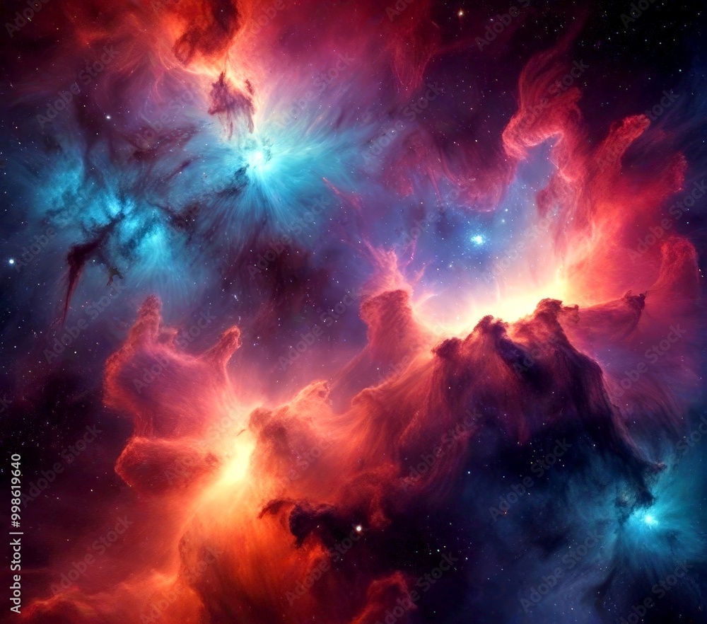 Poster a vibrant cosmic scene featuring a nebula with swirling clouds of gas and dust, illuminated by a bright blue and orange glow The nebula is surrounded by a dark background