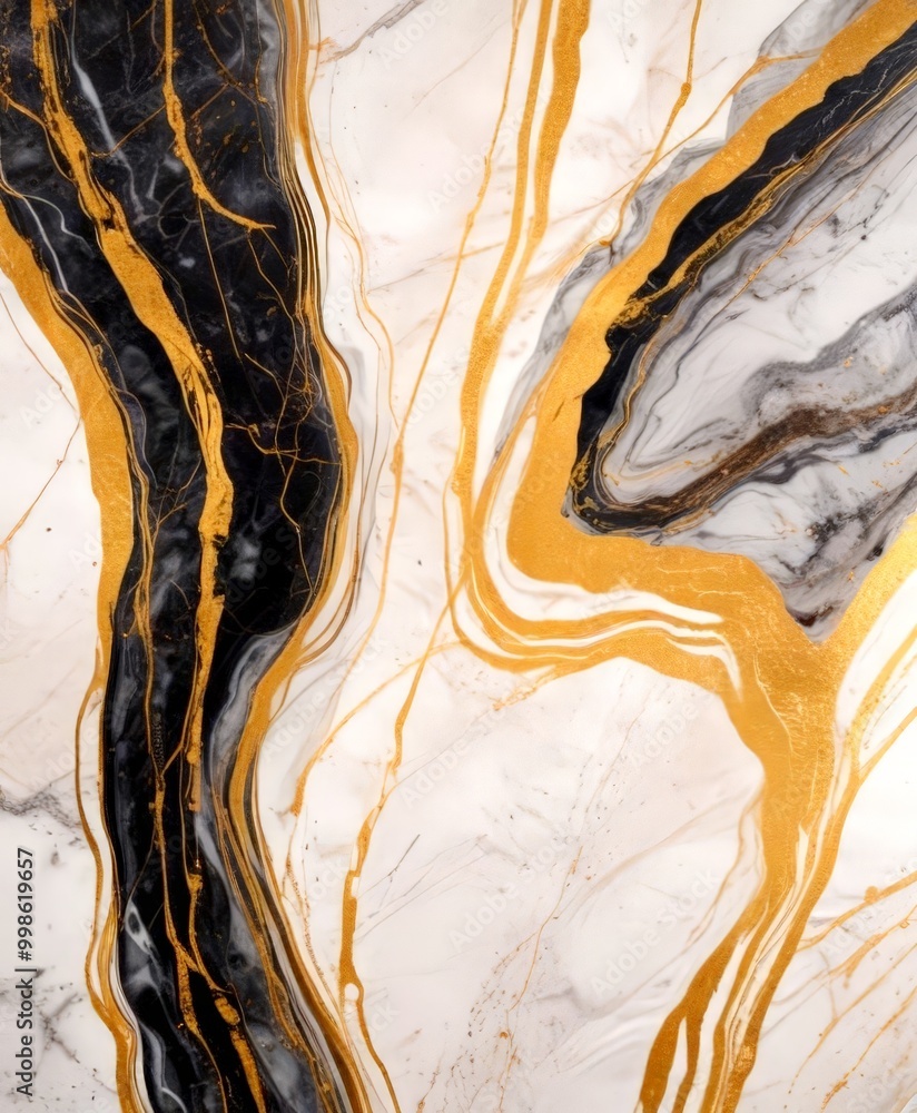 Fototapete a marble surface with a striking abstract pattern of black and gold swirls and lines, creating a sense of movement and dynamism