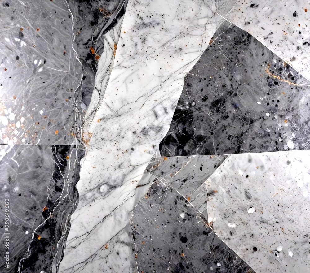 Poster a close-up view marble surface with a mix of gray and white marble tiles arranged in a pattern The tiles have a textured appearance, with some areas appearing to be