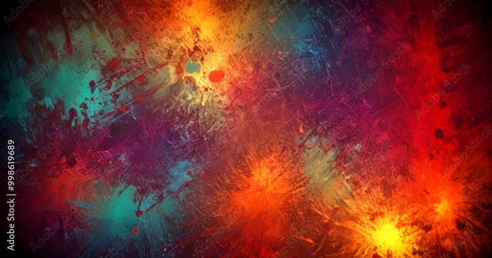 Poster a vibrant abstract background with splashes of color, including shades of red, orange, yellow, and blue, creating a dynamic and energetic visual effect