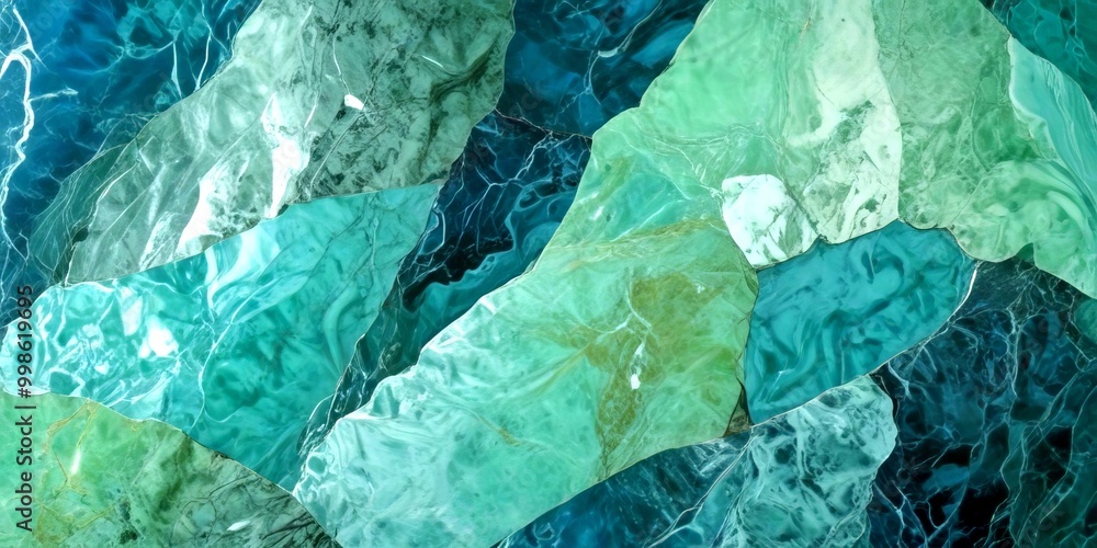 Poster a close-up view mosaic composed of various shades of green marble, with a textured and abstract appe