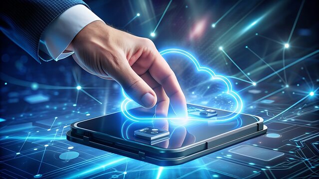 Almacenamiento en la nube: una mano toca un disco duro con una ilustraci&oacute;n hologr&aacute;fica de una nube