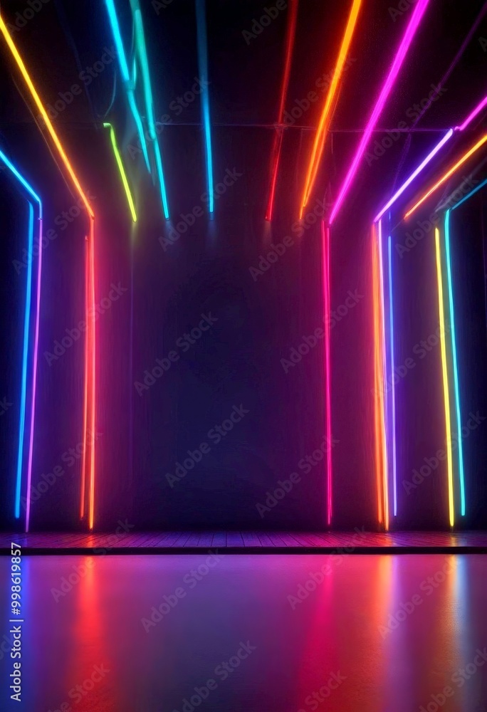 Poster A room with a dark background and a series of colorful neon lights arranged in a diagonal pattern, creating a dynamic and visually striking effect