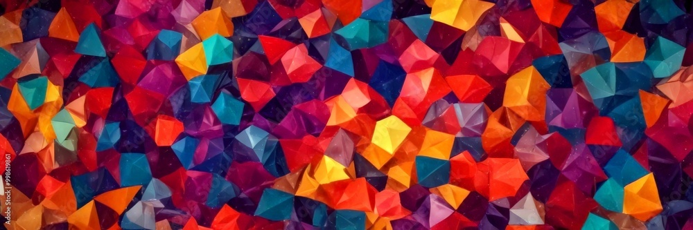 Poster a vibrant digital collage composed of numerous triangular shapes in a variety of bright colors, creating a visually striking and abstract pattern