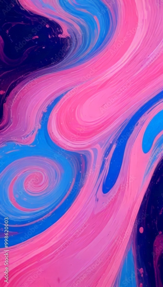 Poster a vibrant abstract pattern with swirling, fluid shapes in shades of pink, blue, and purple The pattern is dynamic and dynamic, with the colors transitioning smoothly from one