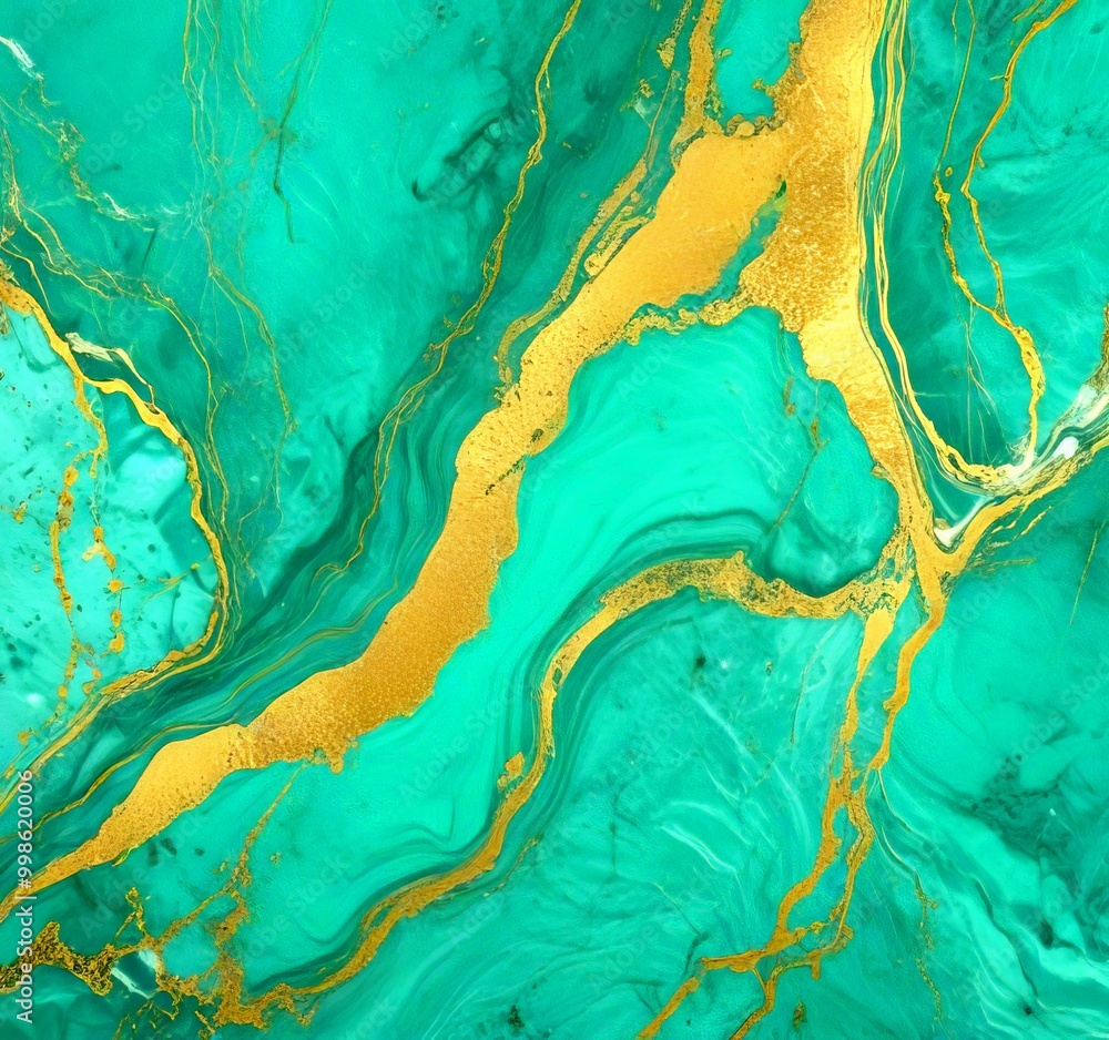 Poster a close-up view marble surface with a swirling pattern of turquoise and gold hues The marble exhibits a marbled effect, with gold lines and swirls running through
