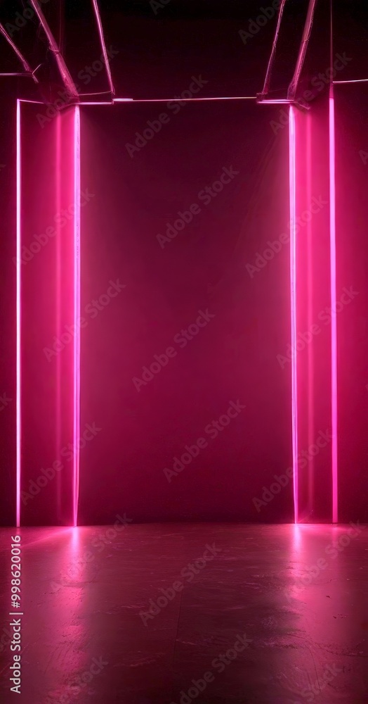 Poster a dimly lit room with a large, rectangular wall in the center, flanked by two vertical light strips on either side The walls are painted in a deep, dark purple color, and