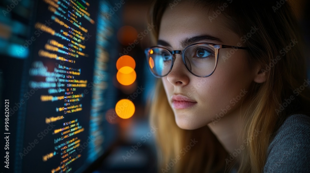 Poster A woman is looking at a computer screen with a lot of code on it