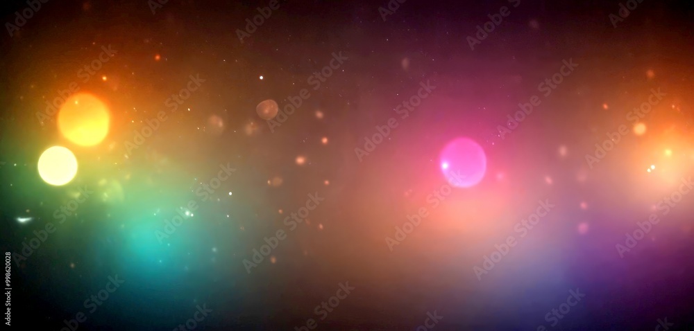 Poster a dark background with colorful, blurred lights and particles, creating a sense of movement and energy
