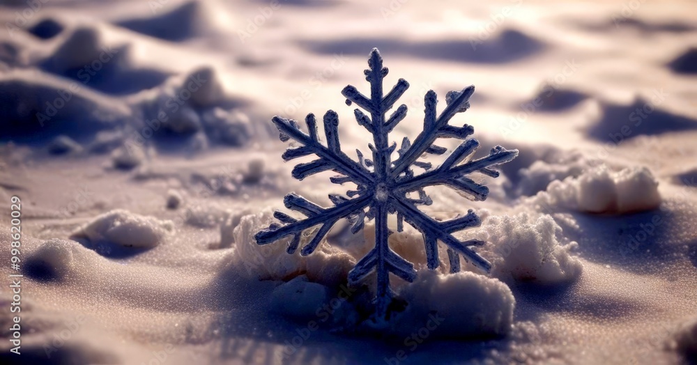 Aufkleber A close-up snowflake resting on a snowy surface, with a blurred background of more snow