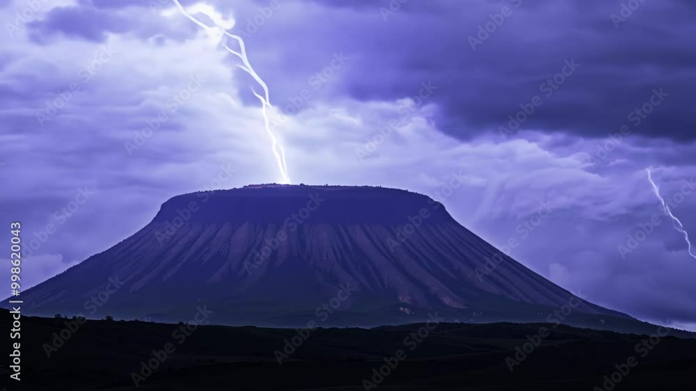 Poster Lightning illuminating stormy sky over silhouetted volcano, creating powerful scene in dark night. Nature's raw power on display, reminding of environment's unpredictability. Breathtaking sight