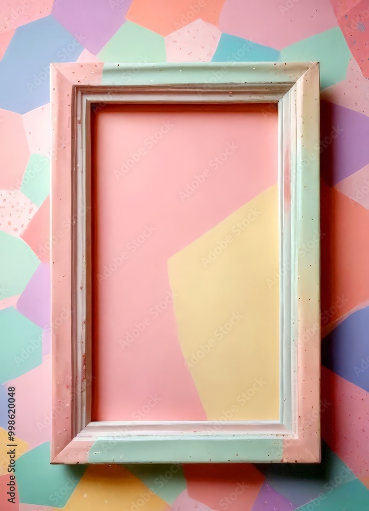 Poster A pastel-colored wooden frame with a white border is centered against a vibrant geometric patterned background