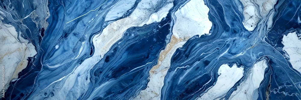Aufkleber a close-up view marble surface with a swirling pattern of blue, white, and gray hues, creating a sen