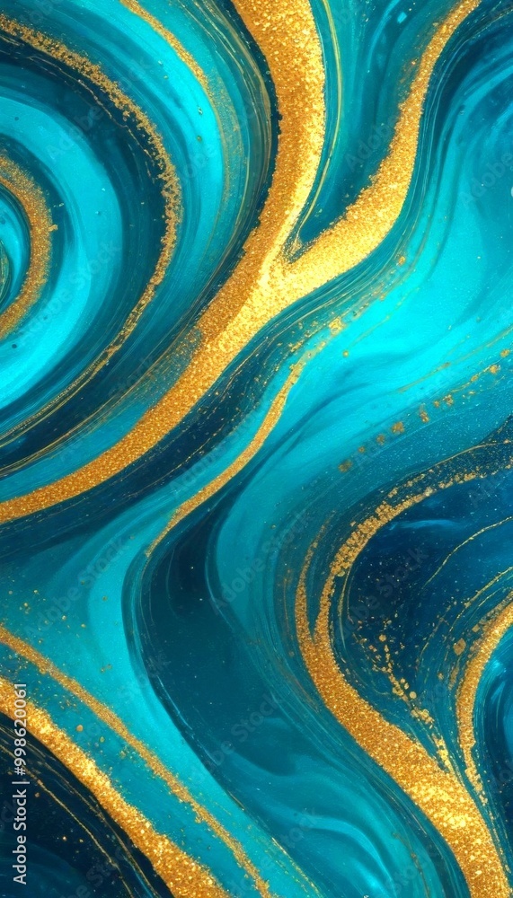 Poster a swirling pattern of blue and gold hues, with gold glitter accents adding a touch of sparkle the pa