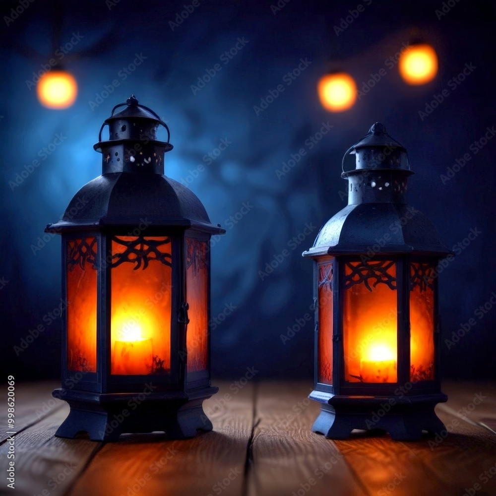 Poster two ornate lanterns with lit candles sit on a wooden surface, casting a warm glow against a dark bac