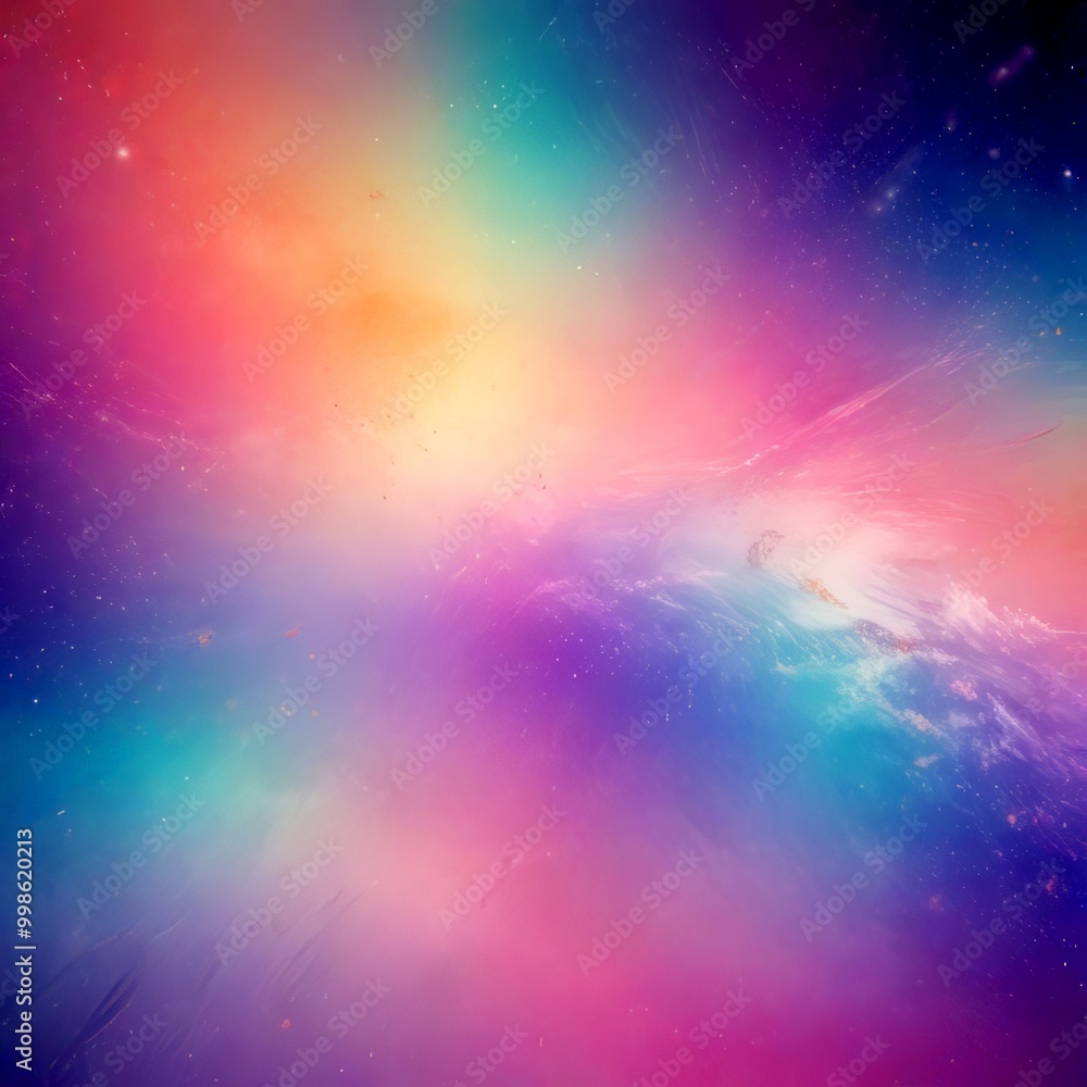 Poster a vibrant, abstract cosmic scene, with a gradient of colors transitioning from orange to purple, and