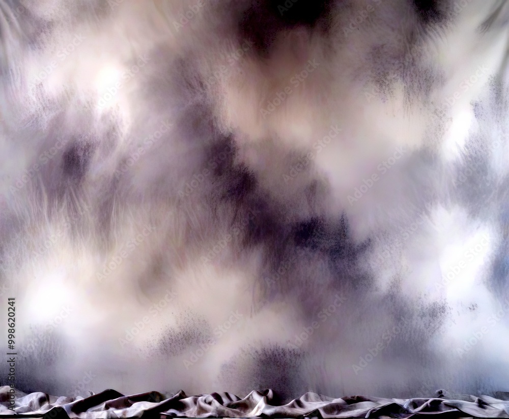 Poster A gray, cloudy background with a crumpled white fabric at the bottom