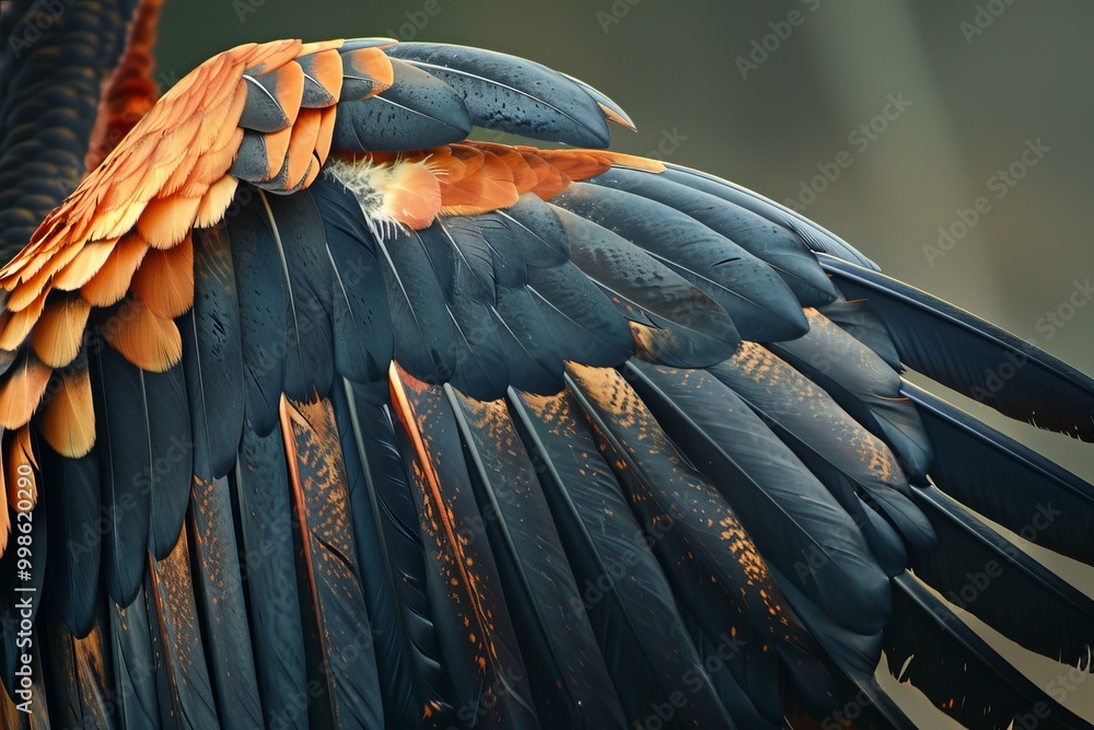 Poster bird feathers overlapping with intricate detail and a pattern of blue, orange, and brown