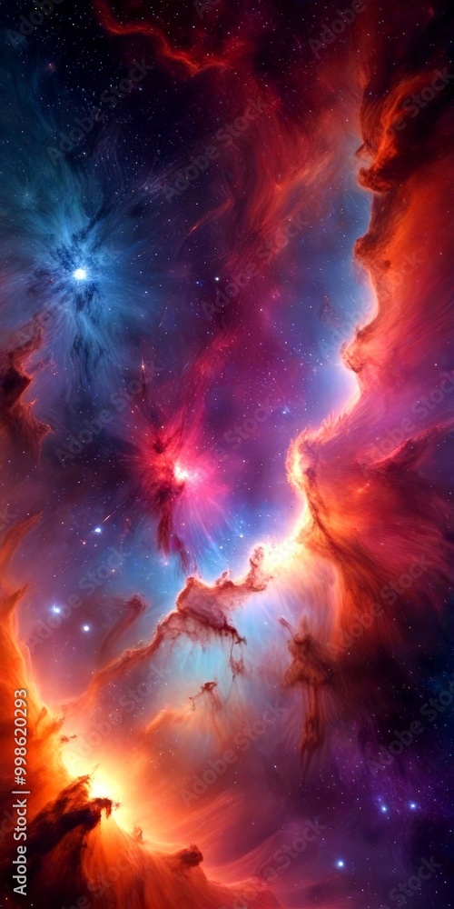 Aufkleber a vibrant cosmic scene, featuring a nebula with swirling clouds of gas and dust illuminated by a bri