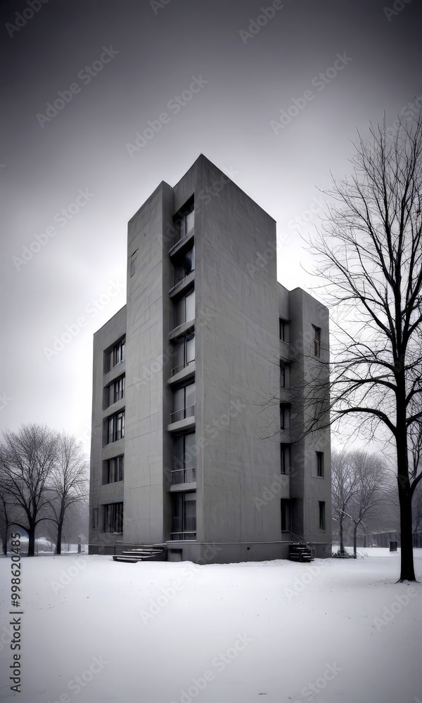 Poster a modern, angular concrete building stands tall against a gray, overcast sky, its windows reflecting