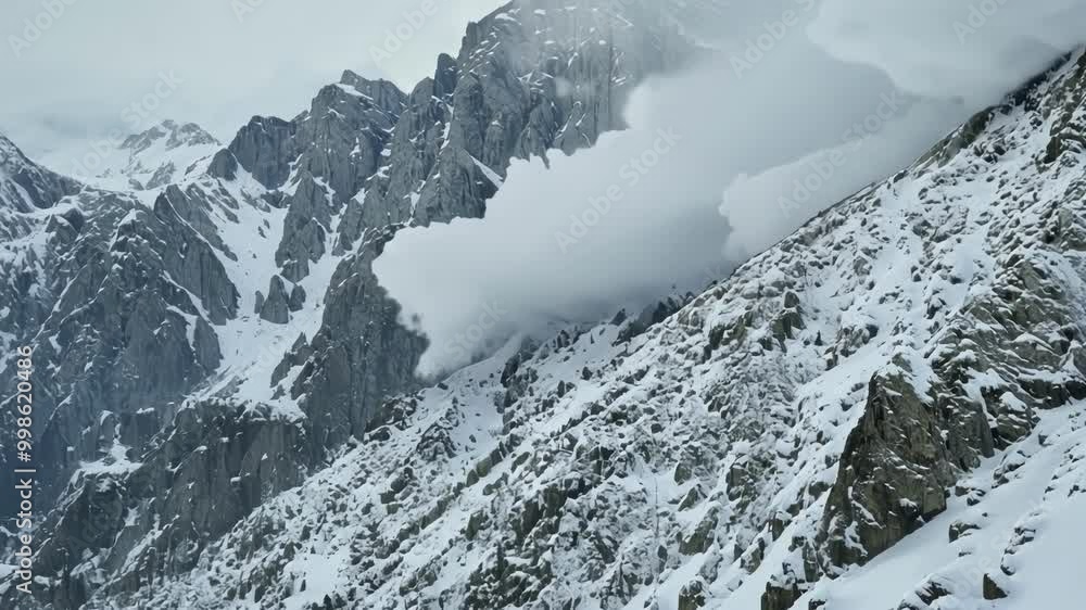 Poster avalanche is falling down a steep, snow covered mountainside creating a cloud of powder. the raw pow