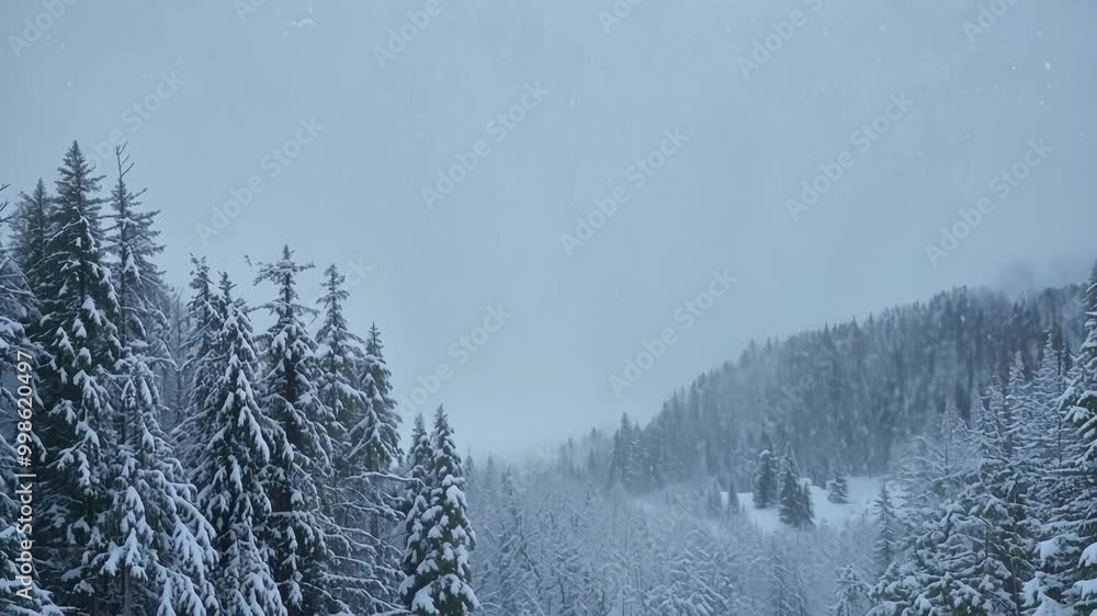 Poster snow falls heavily on a dense forest, creating a serene winter wonderland. the blizzard adds to the 