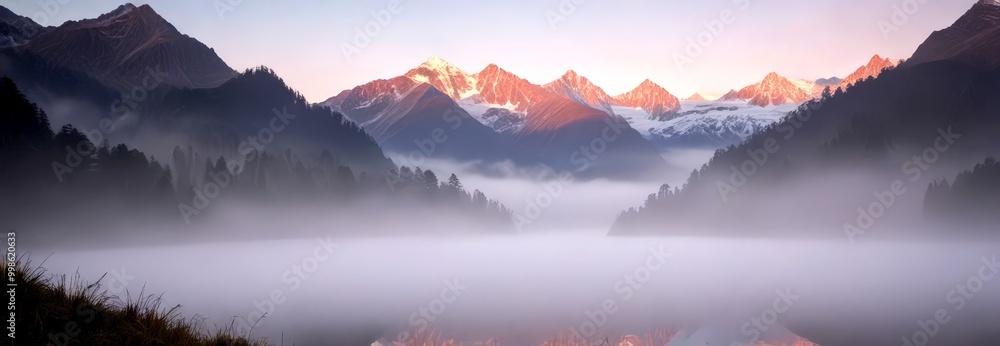 Poster a breathtaking landscape of snow-capped mountains, partially obscured by a thick layer of fog, is re