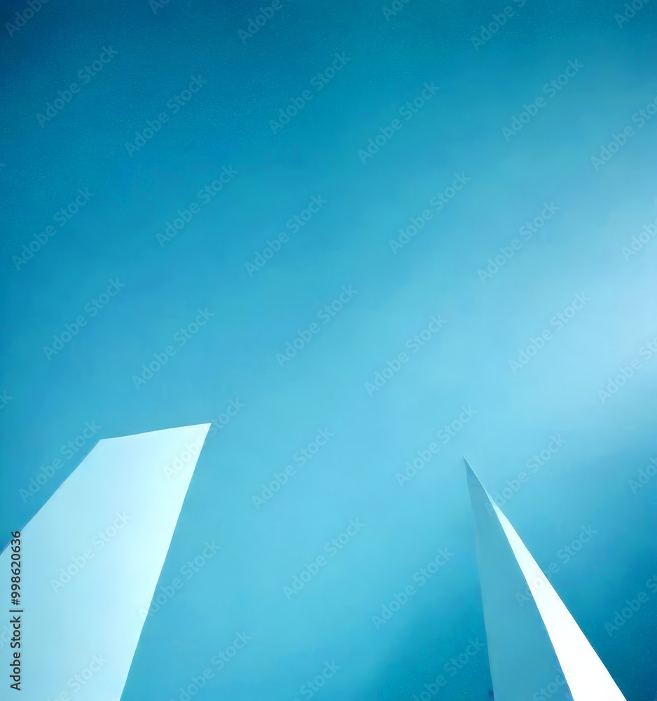 Poster two white triangular structures against a clear blue sky