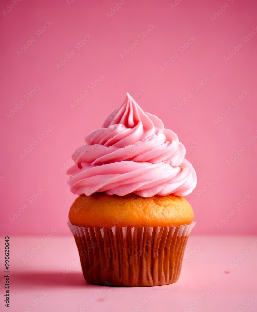 Poster a cupcake with a swirl of pink frosting sits on a pink background, with a brown paper liner visible 
