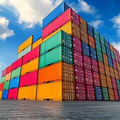Fototapeta premium A vibrant stack of colorful shipping containers against a bright blue sky, showcasing logistics and industrial efficiency.
