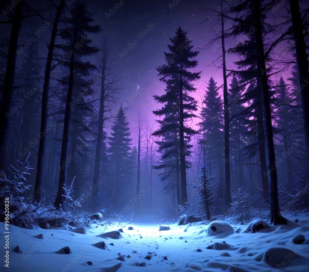 Aufkleber a snowy forest scene with tall pine trees and a purple sky in the background