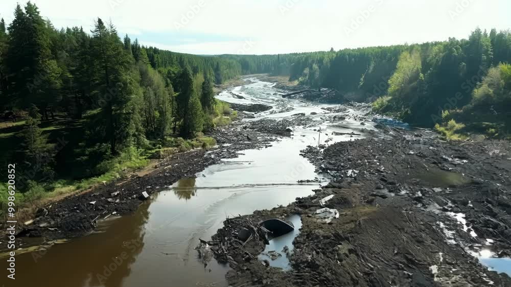Poster aerial view of a river flowing through a heavily affected landscape, showing the aftermath of a natu