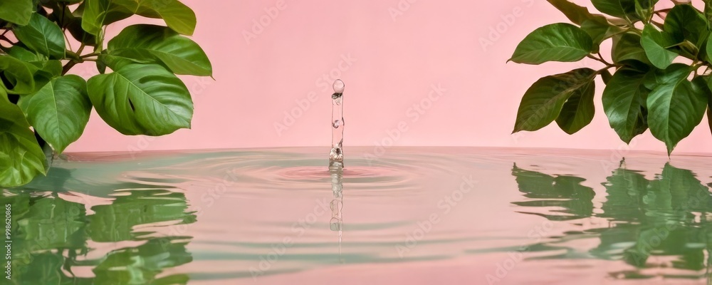 Poster a single water droplet is captured in mid-air, creating a splash that ripples across the surface sti
