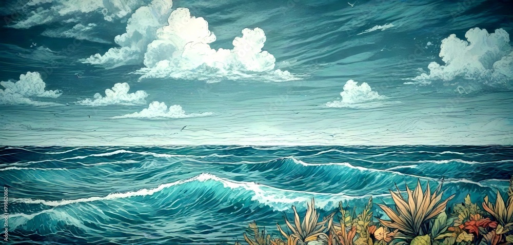 Poster a serene ocean scene with a large wave crashing against the shore, surrounded by a cloudy sky and tr