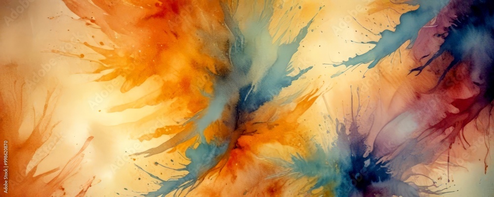 Poster an abstract painting featuring a vibrant mix of orange, blue, and purple hues, with splashes of colo