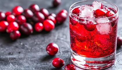 Glass of cranberry soda with ice cubes and fresh cranberries, sparkling carbonation, refreshing and zesty drink, bright red hue, perfect for festive drinks