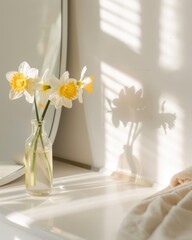 Daffodils in White Vase on a Minimalist Bathroom Counter