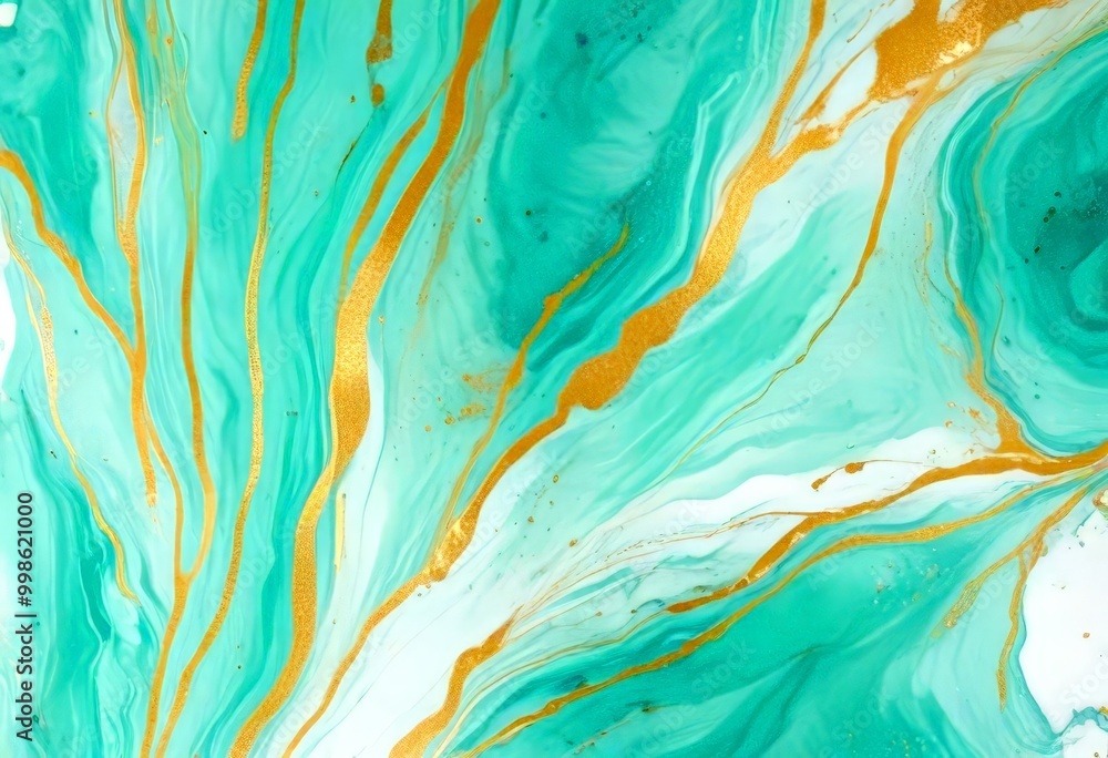Leinwandbilder a marble-like abstract pattern with turquoise and gold hues, creating a sense of fluidity and moveme