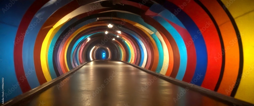 Leinwandbilder a long, dimly lit tunnel with colorful walls on both sides, creating a visually striking and vibrant