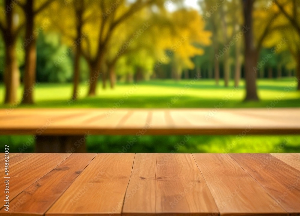 Poster a wooden picnic table sits in the foreground, with a blurred park scene featuring trees and grass in