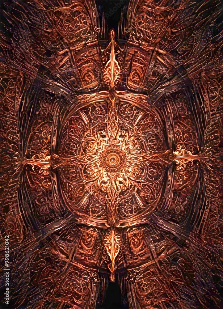 Poster a dark, intricate pattern with a central design surrounded by symmetrical, repeating elements The overall composition is dark and moody, with a sense of depth and complexity