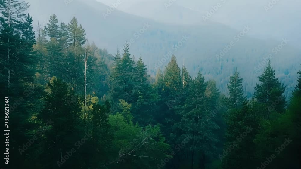 Poster foggy morning in a lush forest with tall evergreen trees and majestic mountains, creating a tranquil