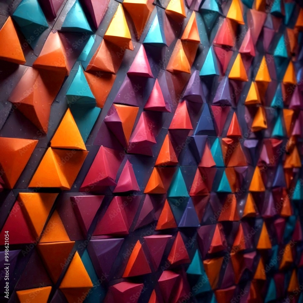 Aufkleber A close-up view wall adorned with a vibrant array of multicolored triangular shapes, creating a visually striking pattern