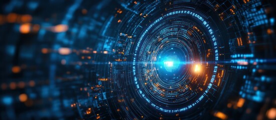 Obraz premium Abstract futuristic background with glowing blue and orange rings and data.