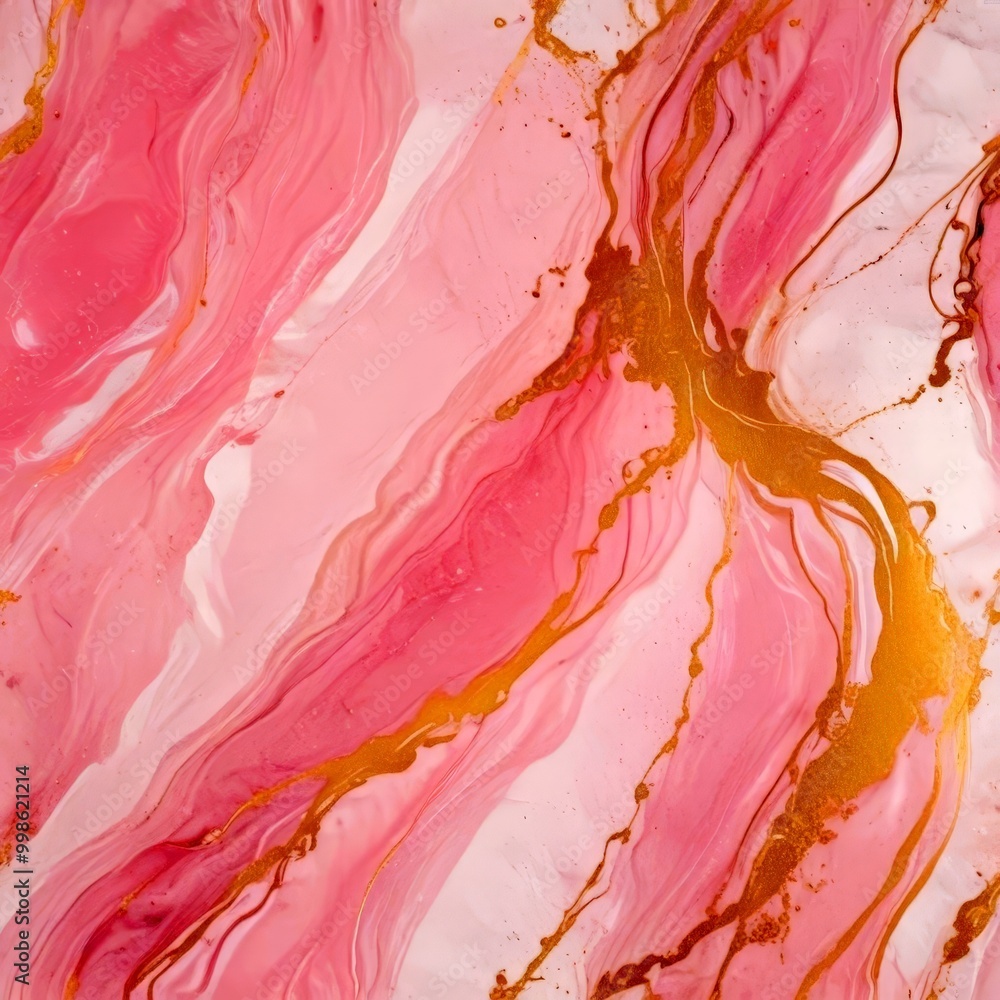 Poster a marble-like pattern with pink and gold hues, creating a visually striking and abstract design