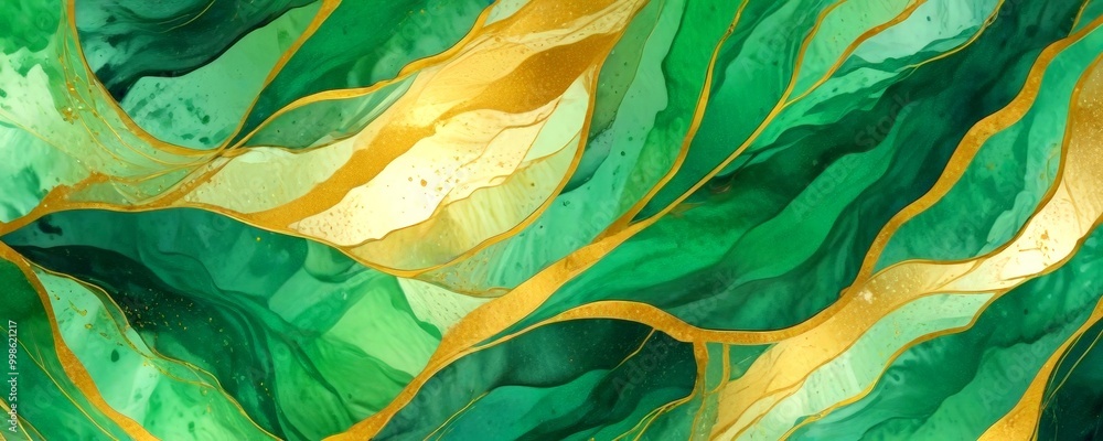 Poster a vibrant abstract pattern with green and gold hues, resembling the texture of water or a natural landscape The pattern is composed of overlapping lines and curves, creating