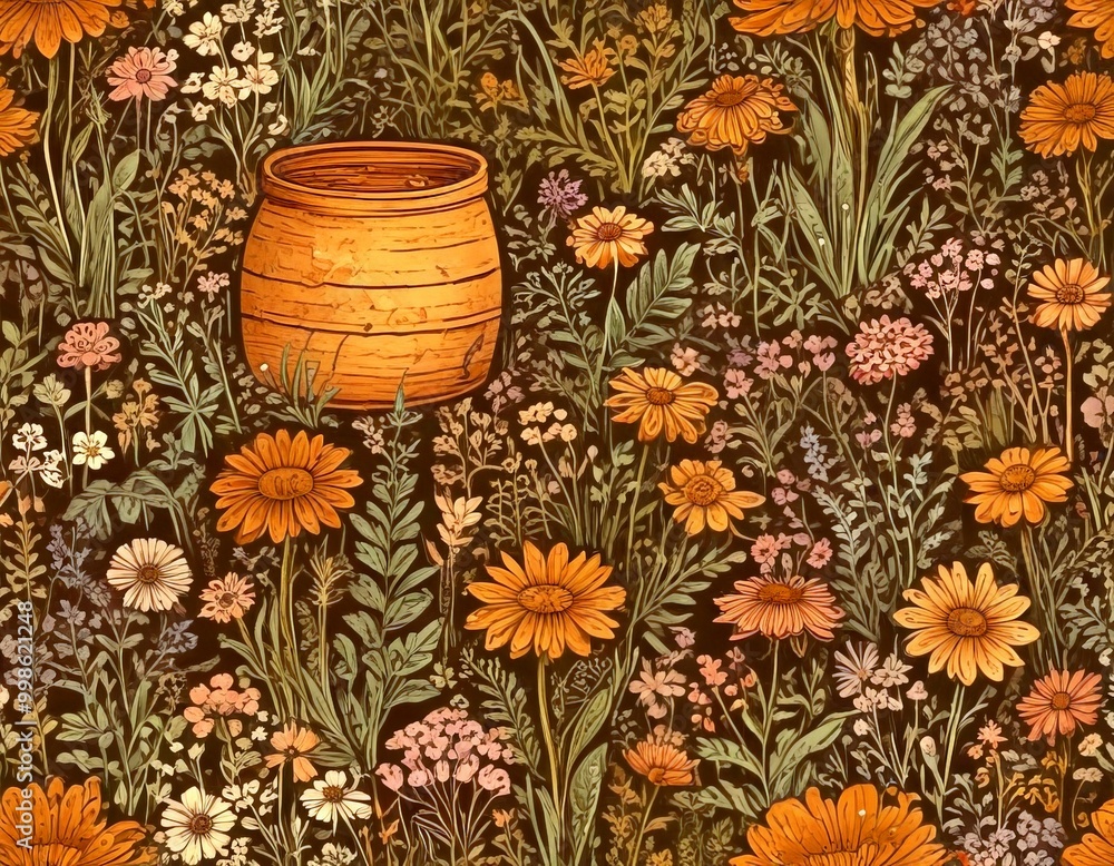 Poster a repeating pattern wooden vase with a striped pattern, surrounded by a variety of flowers in shades