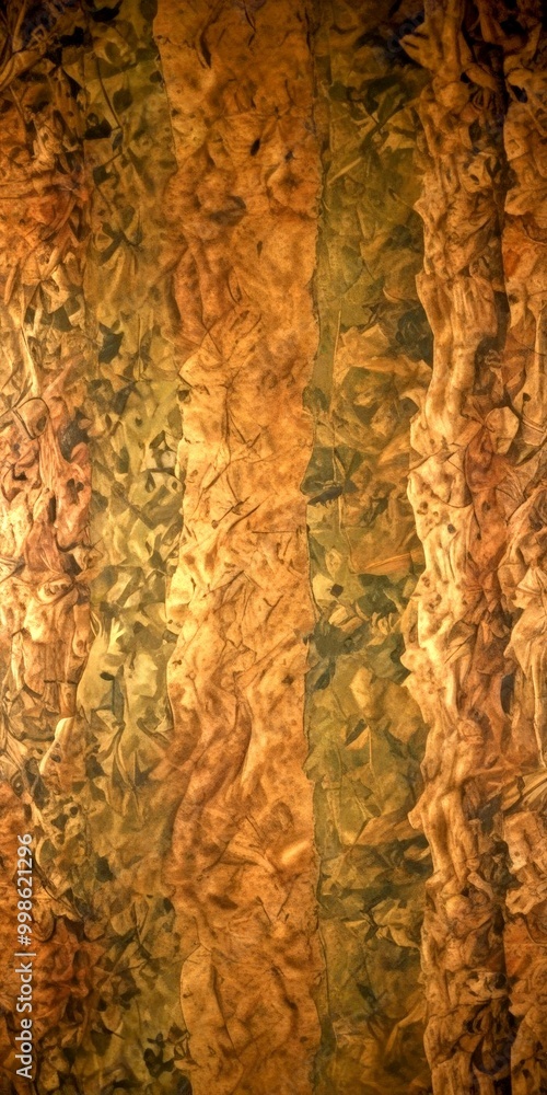 Poster a close-up view textured surface with a pattern of vertical lines and a mix of brown and green colors